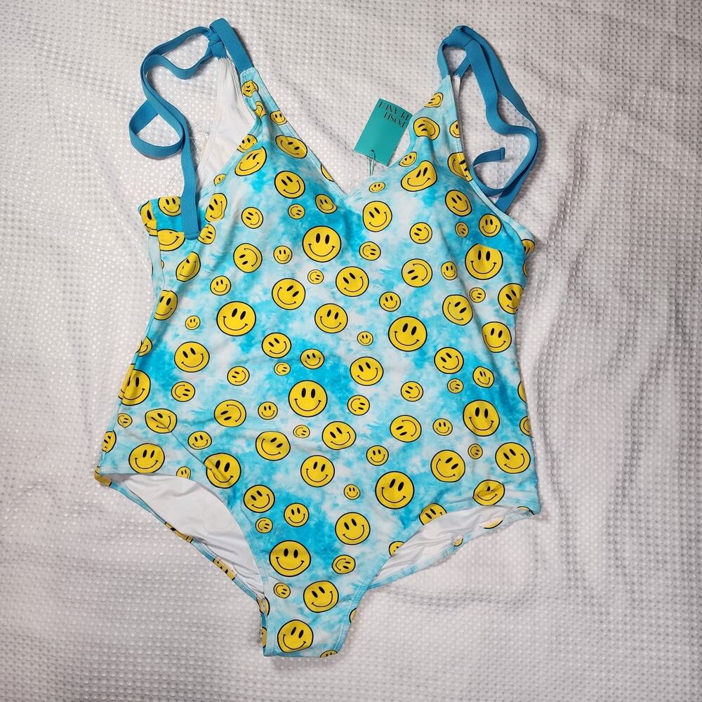 Posh Peanut Swimsuit Smiley Face Blue Tie Dyed One Piece Bow Straps Sz 3XL NWT